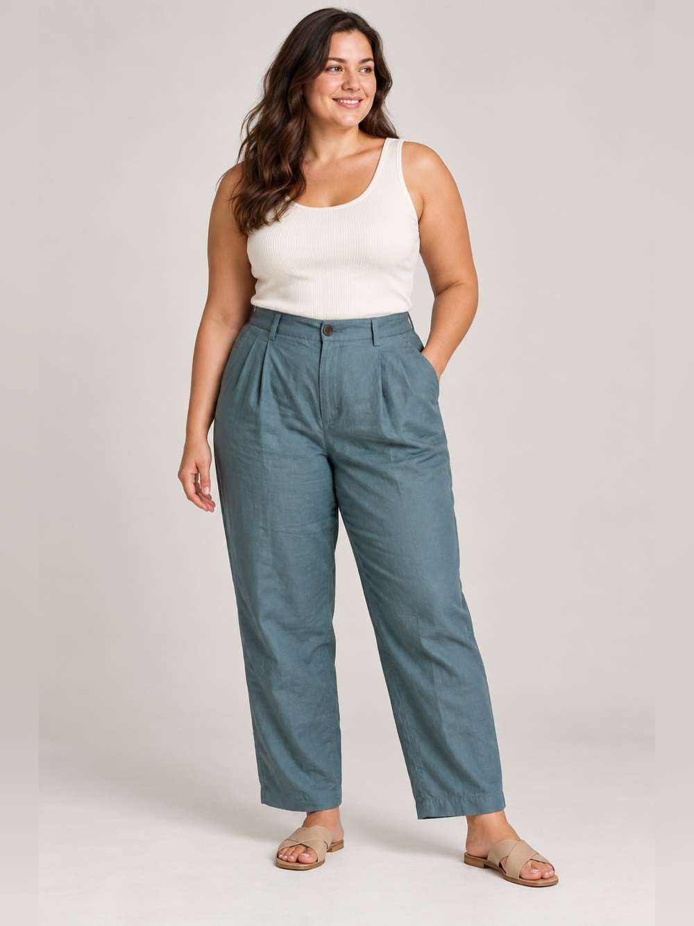 VTG Eddie Bauer High Waisted Pleated 100% Linen Pants Slate Blue Green Sz 14